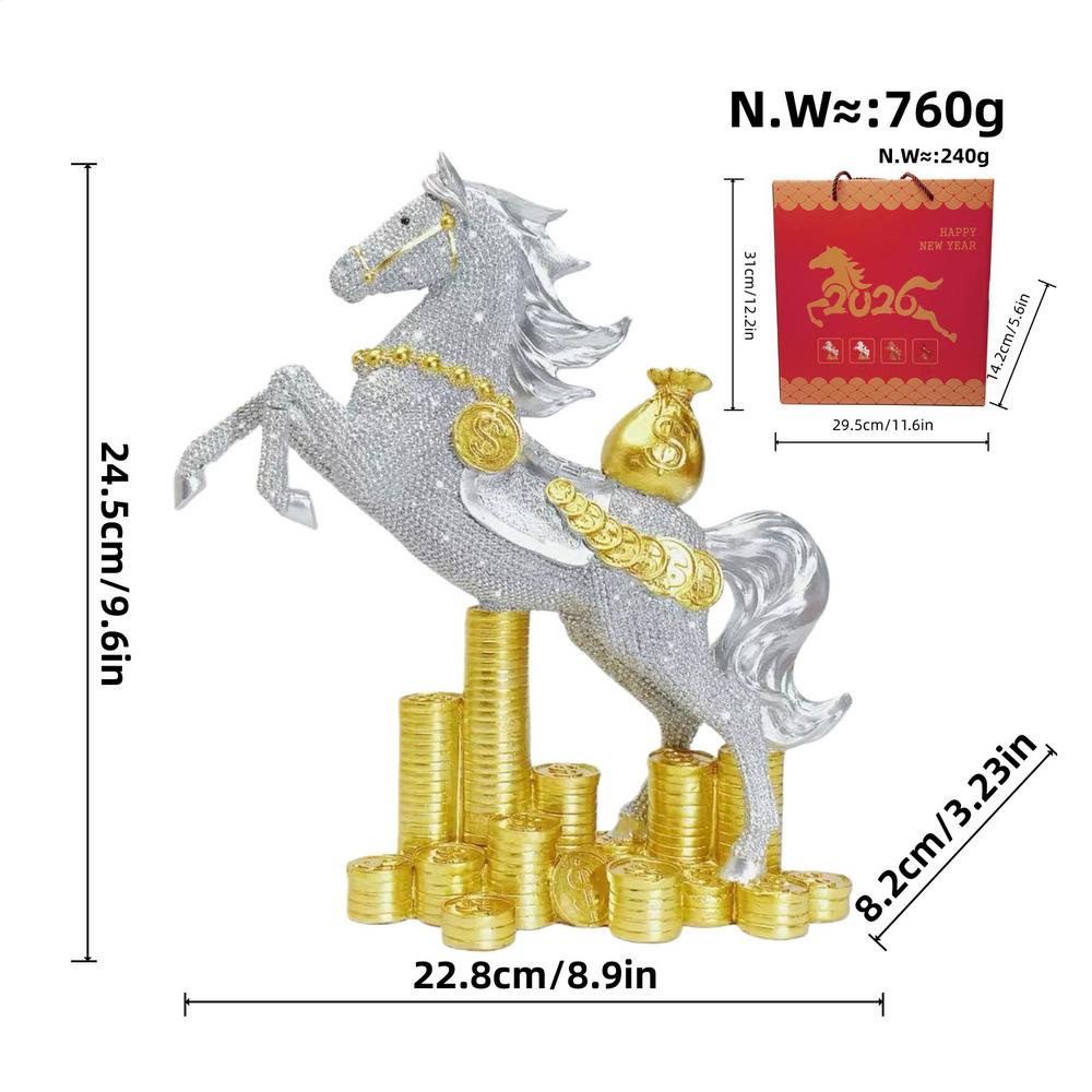 2026 Horse Year Statue Decoration Ornaments Traditional Keepsake Resin Horse Desk Statue Fortune Gold Coin Horse Crafts Ornament