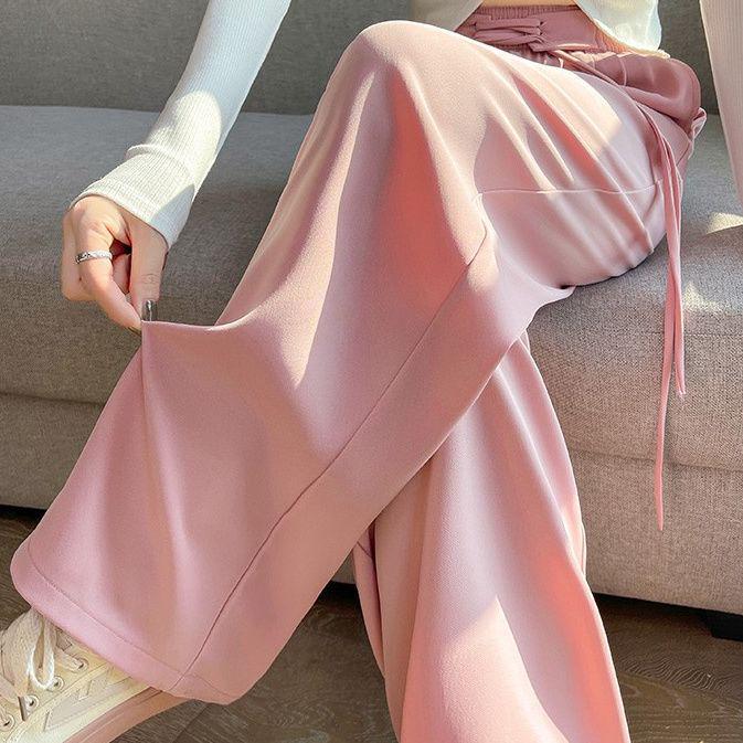 

Women s Pink Ice Silk Wide-Leg Pants: Summer Thin High Waist, Straight-Leg Casual Style for Spring and Autumn Small розовый
