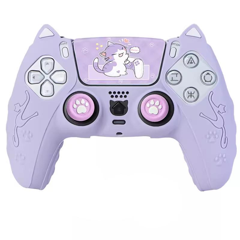 

Lovely Cat Silicone Soft Protector Sticker Skin For Sony Playstation Dualsense 5 PS5 Controller Case Thumb Stick Grip Cap Cover фіолетовий