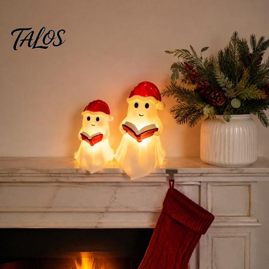 Warm Light Bedroom Decor Cute Ghost Reading Book Lamp, Christmas Resin Figurine with Santa Hat, Holiday Home Ornaments Lighted Halloween Night