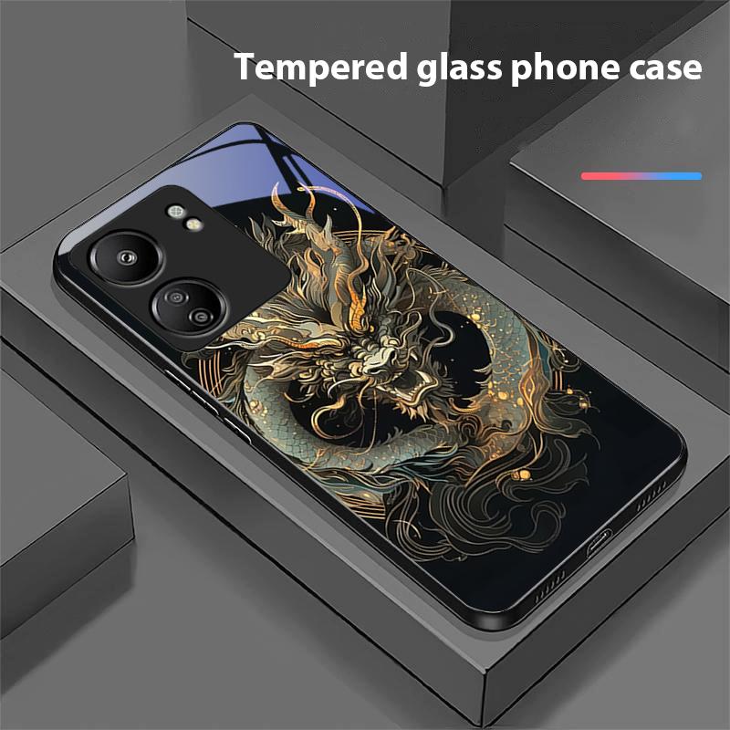 Chinesischer Winddrache Für Xiaomi Redmi 13C Note13 12 Pro Plus 5G Note 9 13T Pro POCO X6 F5 F6 Schwarze Handyhülle aus gehärtetem Glas
