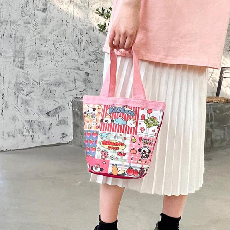 Υπέροχη Τσάντα Κουβά με Χαριτωμένο Σχέδιο Κινουμένων Σχεδίων, Φορητή Τσάντα Tote από Καμβά, Τσάντα Χειρός Κυλινδρική για Φαγητό Μαθητών