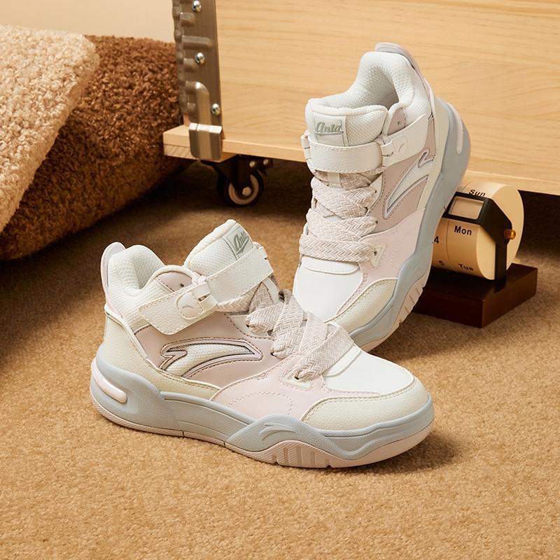 Anta Kids Bread Shoes Synthetic Leather Comfortable Versatile Non-Slip Wear-Resistant Mid-Top Sneakers Kids Sneakers White Gray A22448004-3