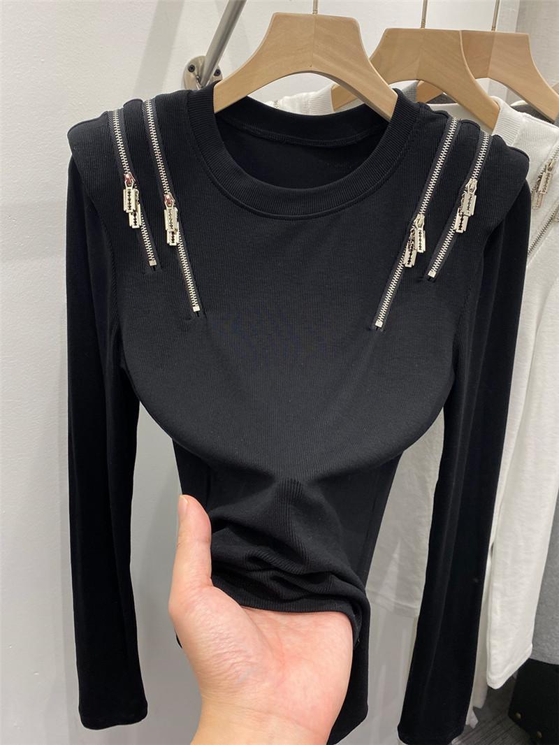 

Женская футболка с длинным рукавом на молнии с подкладкой в рубчик европейского дизайна 2025 года - новый модный осенний стиль 2XL чёрный