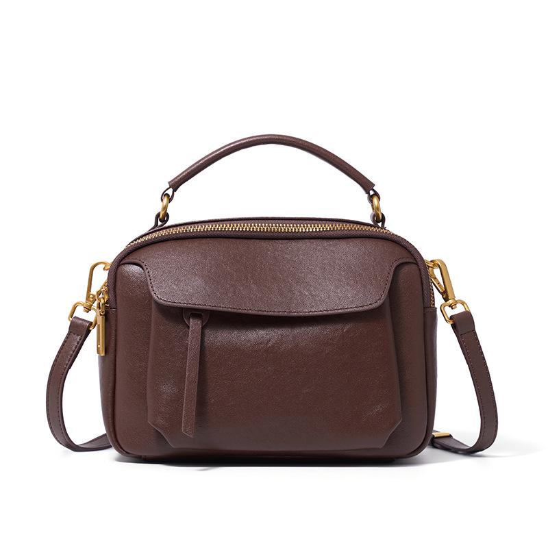 Real Leather Boston Women's Bag Versatile Retro Headlayer Crystal Vegetable Tanned Cowhide Handbag Crossbody