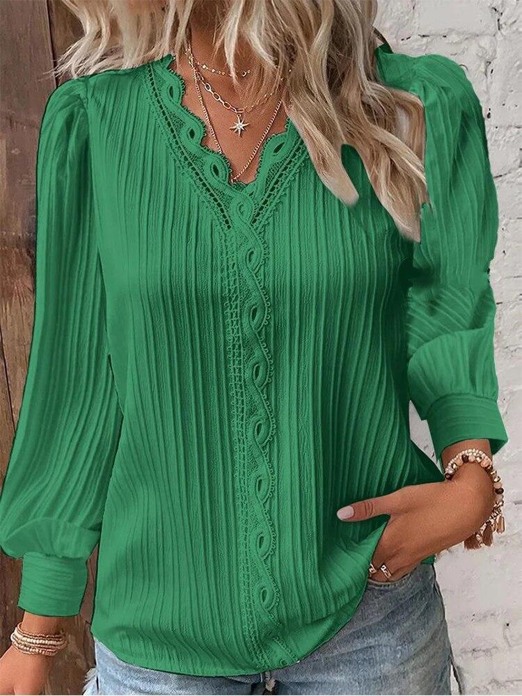 Women Lace Stitching Shirt Solid V-neck Simple Chiffon Decoration Hollow Out Design Fashion Elegant Top Office Lady Blouse
