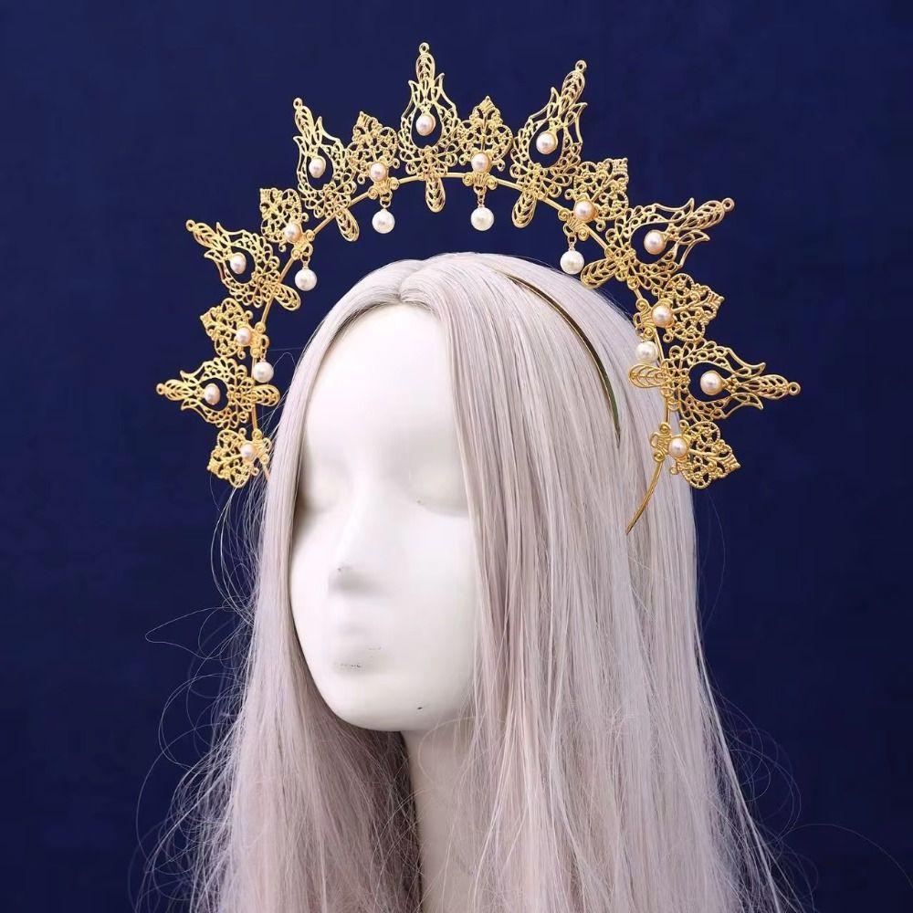 Baroque Halo Crown Gold Plated Baroque Tiara Headband Halloween Costume Artistic Photoshoot
