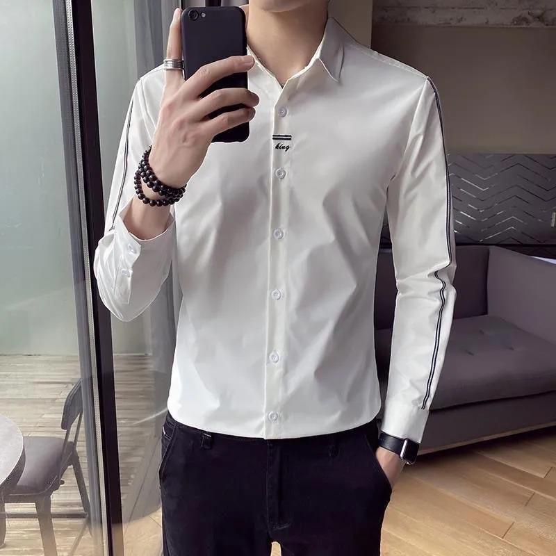 Men's Slim Fit Black Long Sleeve Shirt with Side Stripes Casual Business Formal Shirt