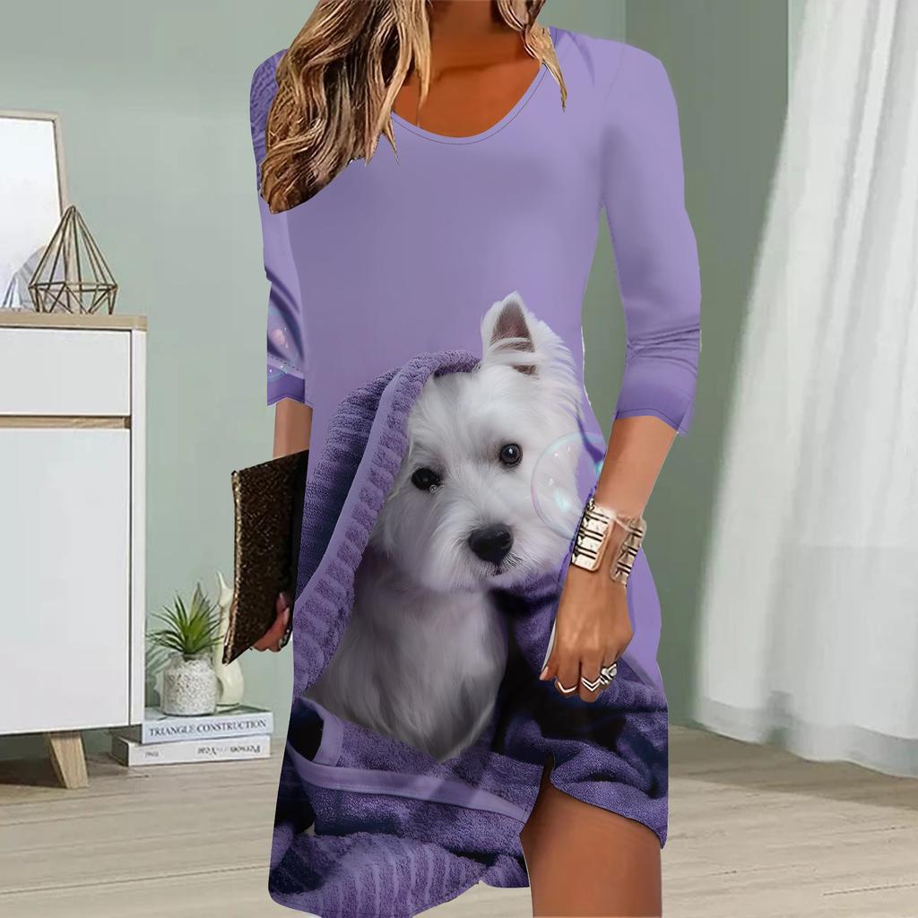 Women Casual Dress Autumn Puppy Print Dresses For Women O-neck Short Sleeve Dress Plus Size