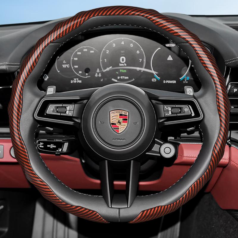 Suitable for Porsche Carbon Fiber Texture Steering Wheel Cover with Snap-On Wave-Shaped Sports Design Protective Shell for Macan Cayenne Taycan