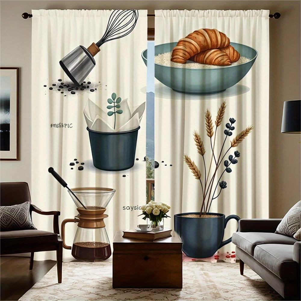 2Pcs Elegant Floral And Coffee-Themed Curtains - Semi-Transparent Polyester, Rod Pocket Design, Machine Washable, Perfect For Li