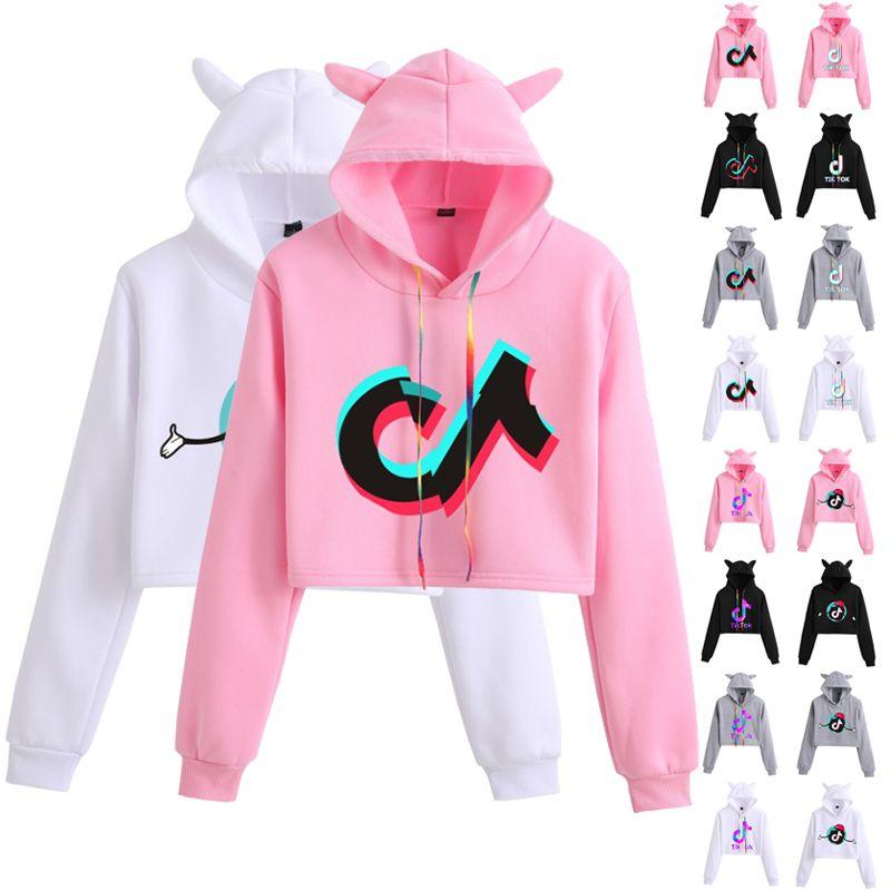 Women Tok Tik Short Pullover Hoodie Spring Autumn Sweatshirt Jumper Tops Crop
