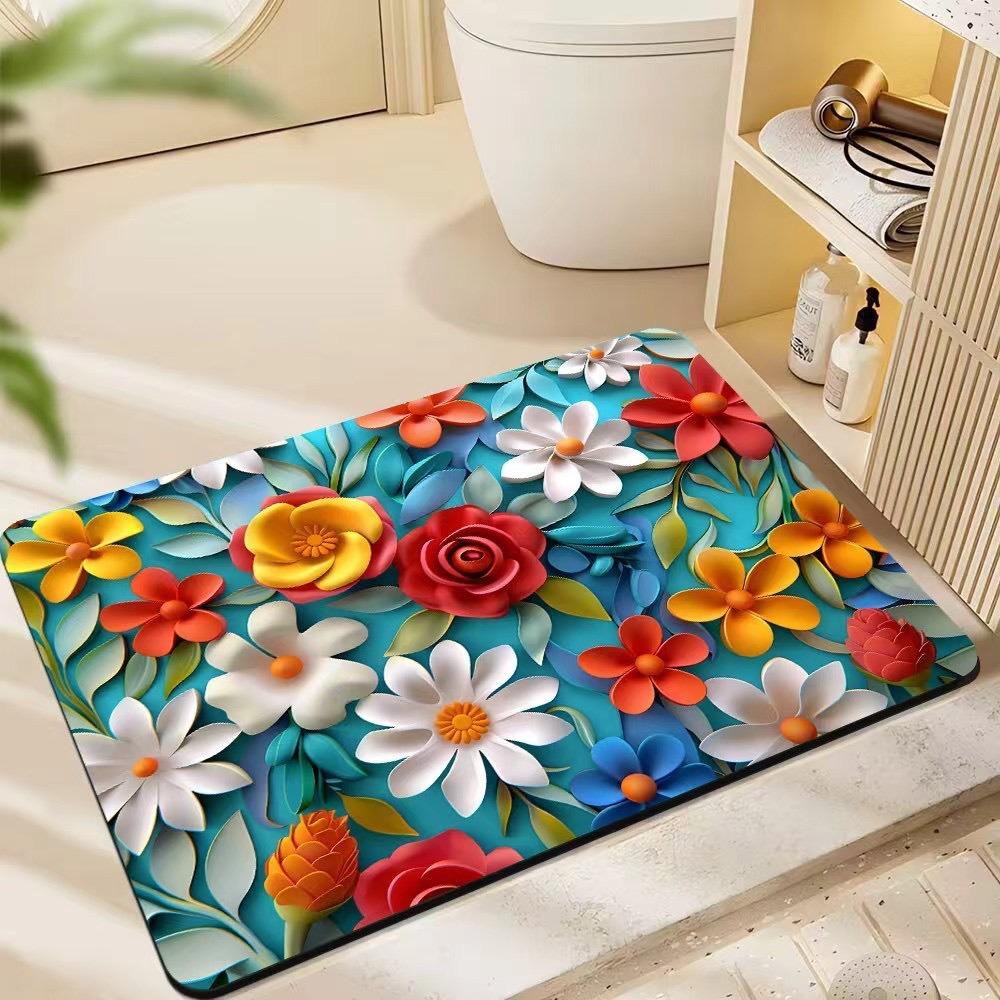 Visual 3D Floral Floor Mat Bathroom Sink Bathtub Side Absorbent Anti Slip Dirt Resistant Rug Entrance Carpet Home Decoration