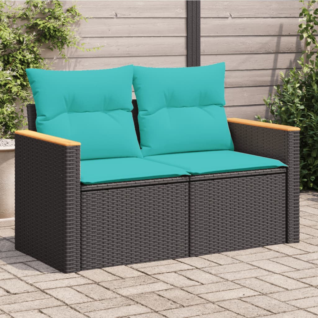 2 Seater Garden Sofa with Cushions Black Poly Rattan