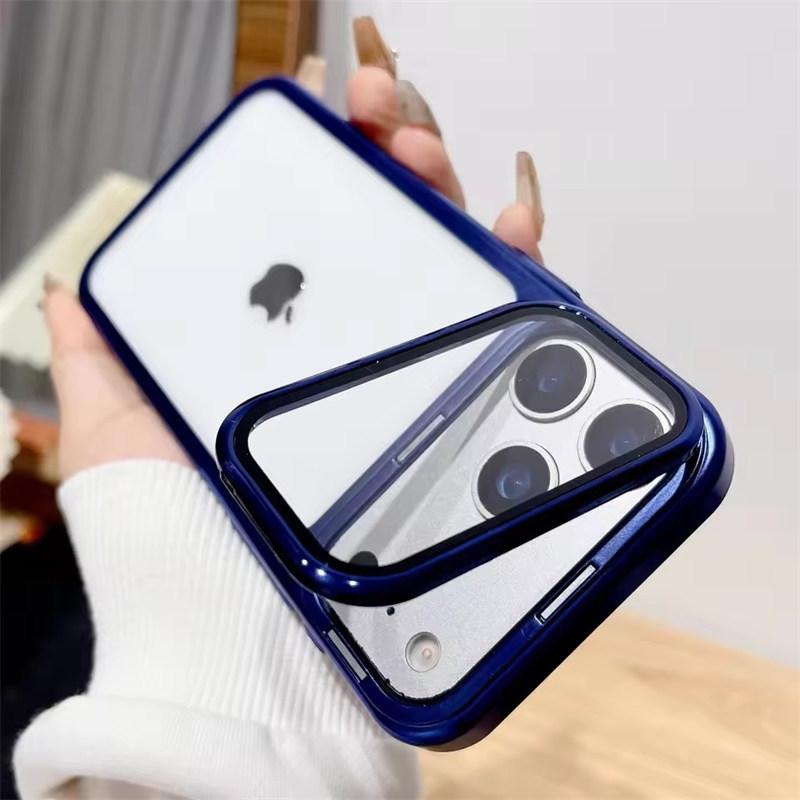 Plating Fold Glass Camera Stand Holder Clear Phone Case For iPhone 17 16 Pro Max 17 Air 16 Pro Ultra Thin Transparent Shockproof PC Cover