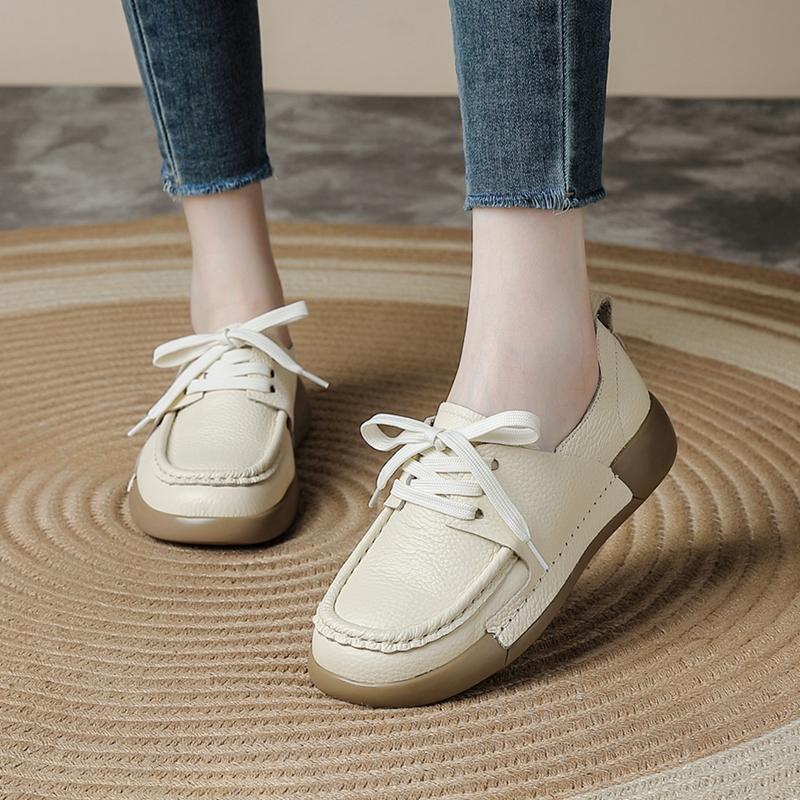 Women Casual Laceup Loafers Comfort Soft Sole Daily Walking Shoes Fashion Round Toe Flat Genuine LeatherShoes Outdoor Travel
