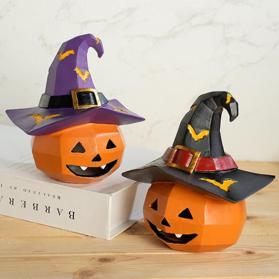 Halloween Ornament Pumpkin Wearing Witch Hat Shape Statue Indoor Outdoor Decor Spooky Halloween Tabletop Decoration