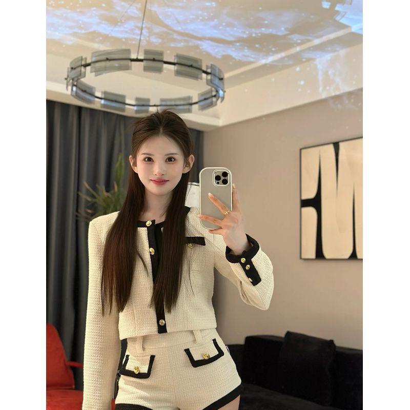 Luxury Tweed Two-Piece Set: Women's Autumn/Winter Short Coat & High-Waisted Shorts