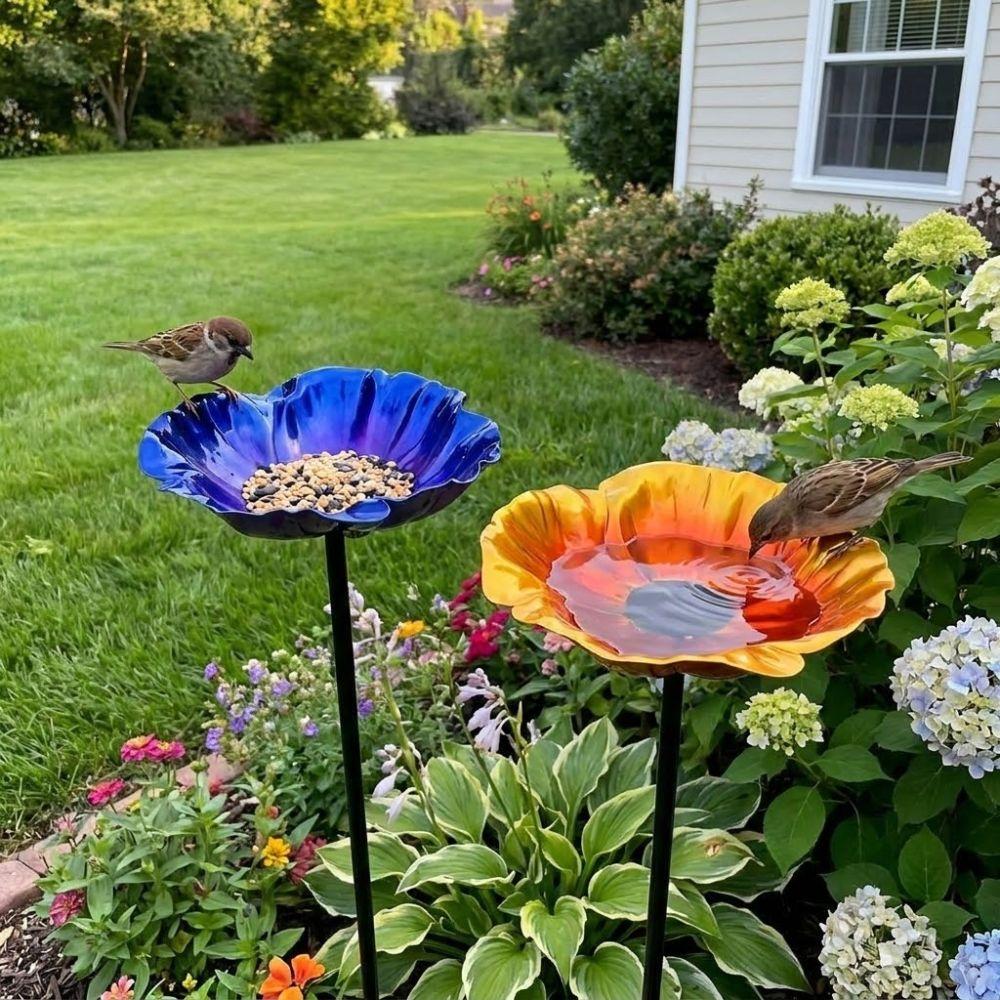 Handmade Metal Bird Bath Stake Weather Resistant Flower Shape Garden Bird Feeder Iron Art Vintage Style Bird Drinking Station