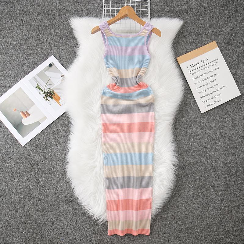 Summer Women Elegant Sleeveless Striped Knitted Sweater Slim Bodycon Sheath Pullover Dresses