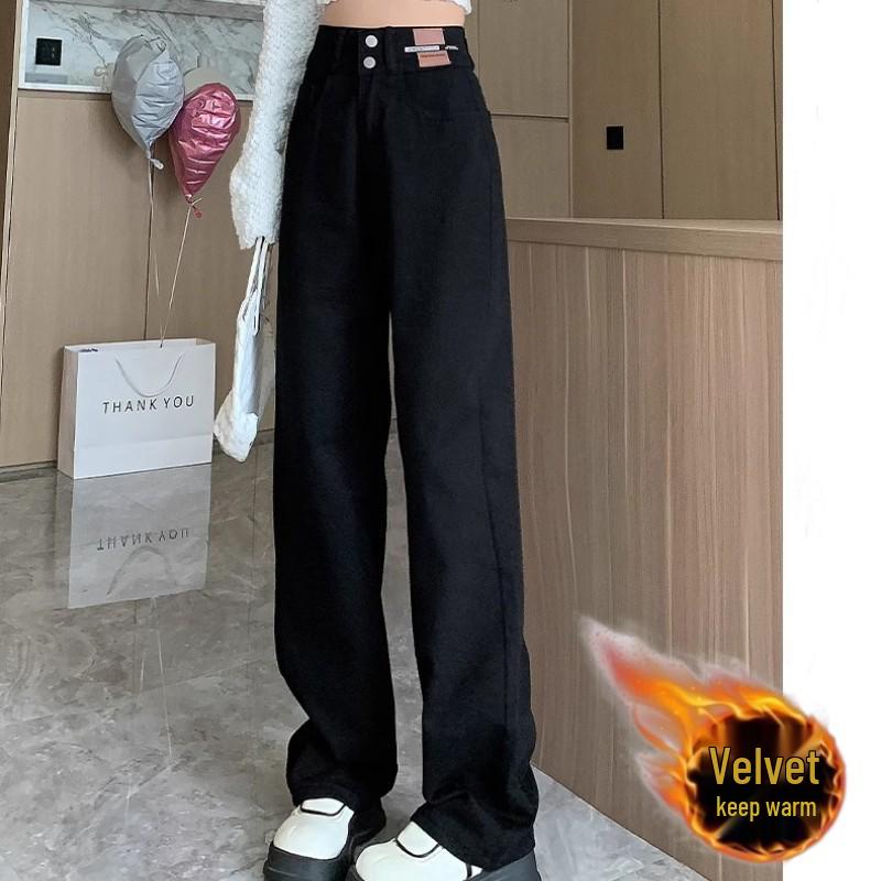 Women s Cement Gray High-Waisted Plush Wide-Leg Jeans - Autumn/Winter Slim Straight Trend. XL 59-64kg