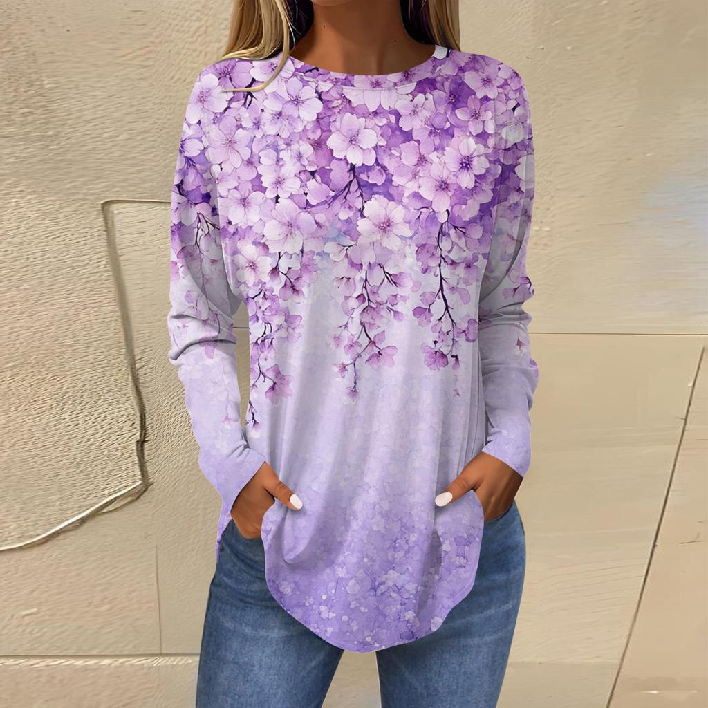 Shirts For Women Cute  Vintage Pattern Print T-Shirt Long Sleeve Tunic Tops Cotton Pullovers