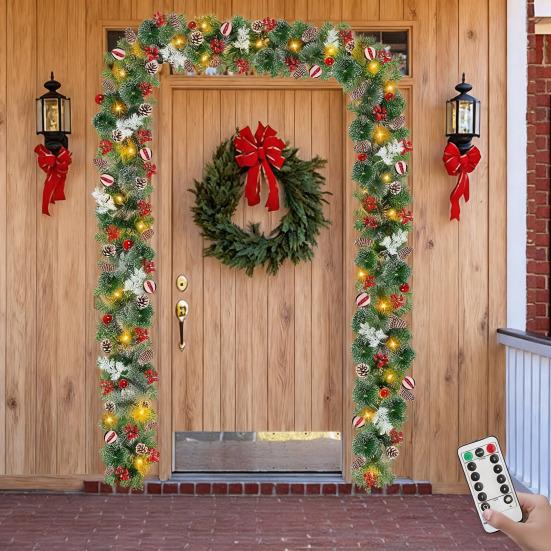 9 FT Christmas Garland with Lights 50 LED Lights 8 Modes Lighted Artificial Pine Garland with Pine Cones Red Berries for Mantel Fireplace Home Decor
