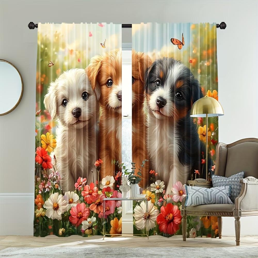 2PCS Digital Printed Curtains, Dog Garden Cute Puppy Floral Pet, Window Treatments for Living Room Bedroom Kitchen Home Decor