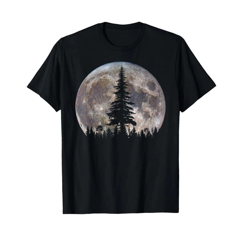 Retro Full Moon Minimalist Pine Tree Wild Animals Trees T Shirt black vintage Washed streetwear