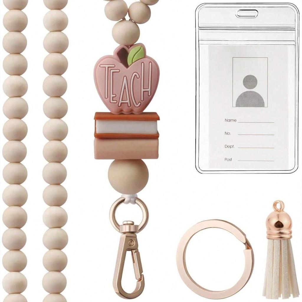 Silicone Bead Lanyard With ID Card Holder Keychain Teacher Gift Book Flower Charm