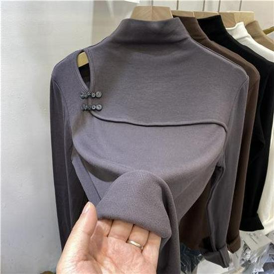 

2025 Autumn Winter Women s Slim Fit Chinese-Style Half High Neck Off-Shoulder Hollow Out Top XS сірий колір