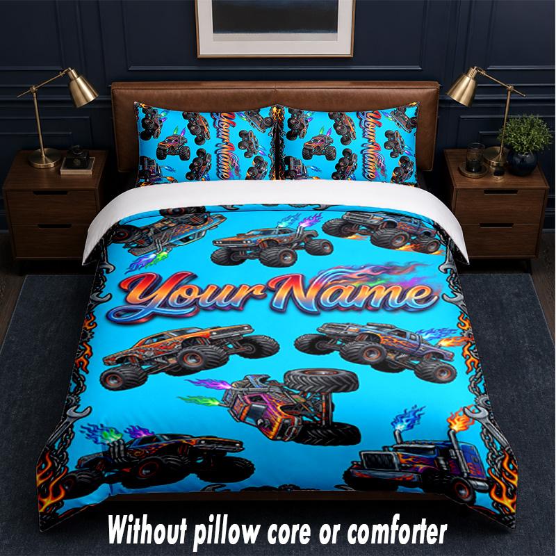 Monster Truck Theme Custom Text Or Name 3Pcs Bedding Set,1 Flat Sheet & 2 Pillowcases Personalized Home Bedding