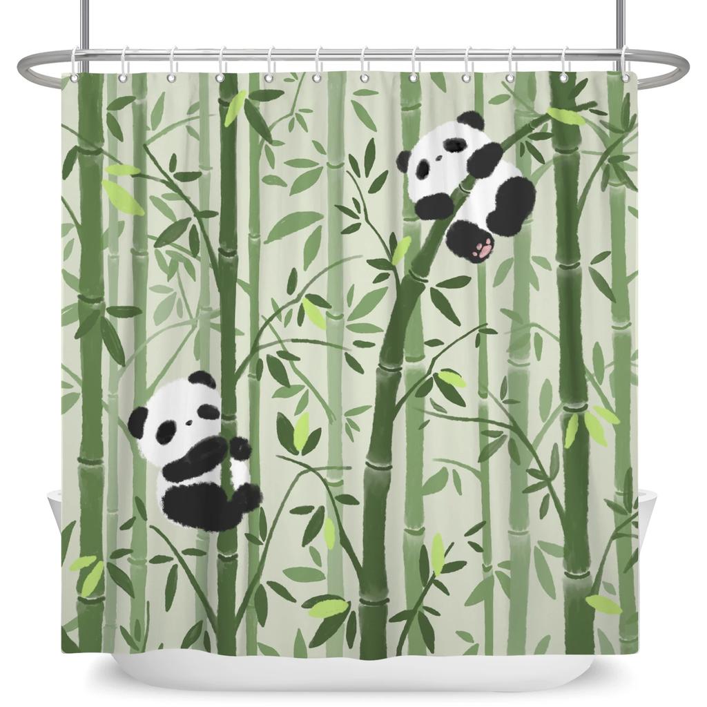 Niedliche Panda Duschvorhänge Grüner Bambus Kinder Badezimmerdeko Heim Badvorhänge Wasserdichtes Polyestermaterial Mit 12 Haken
