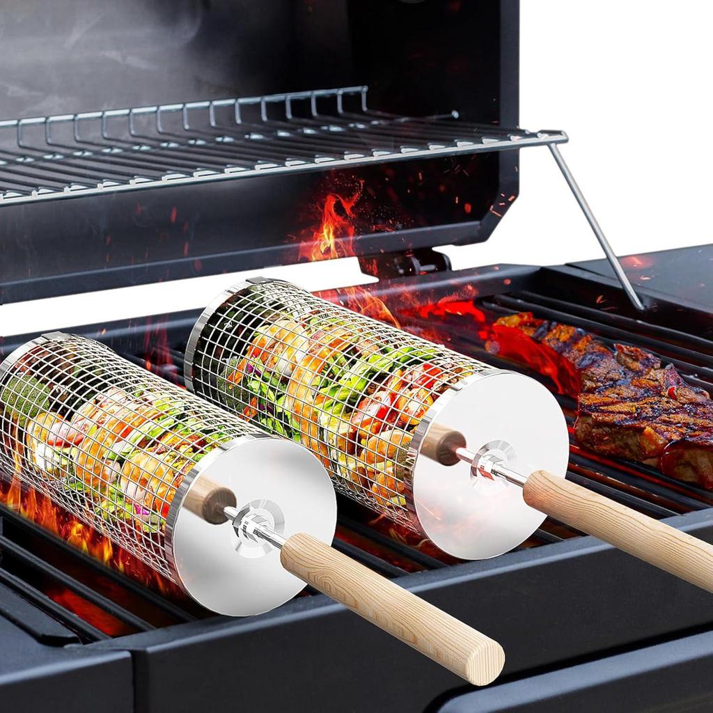 Portable Round 304 Stainless Steel BBQ Grill with Wooden Handle