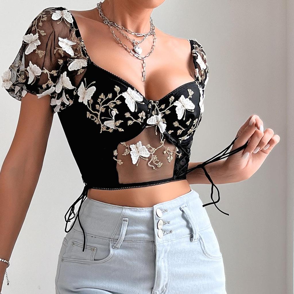 Women's Puff Sleeve Underwired Lace Sheer Bandeau Top