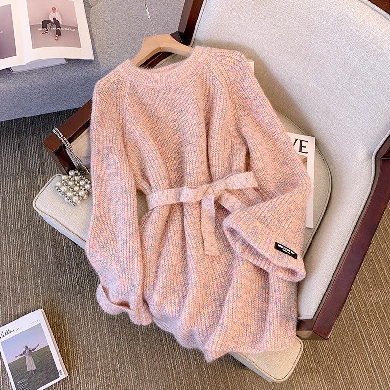 Woman Long Pullover Round Knit Tops for Pink O Neck Cute Women's Sweater Sleeve Harajuku Fashion Clothing