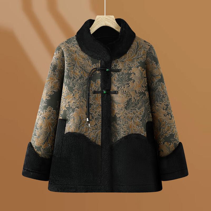 Elderly Women's Velvet-Lined Winter Tang Suit Cotton Coat
