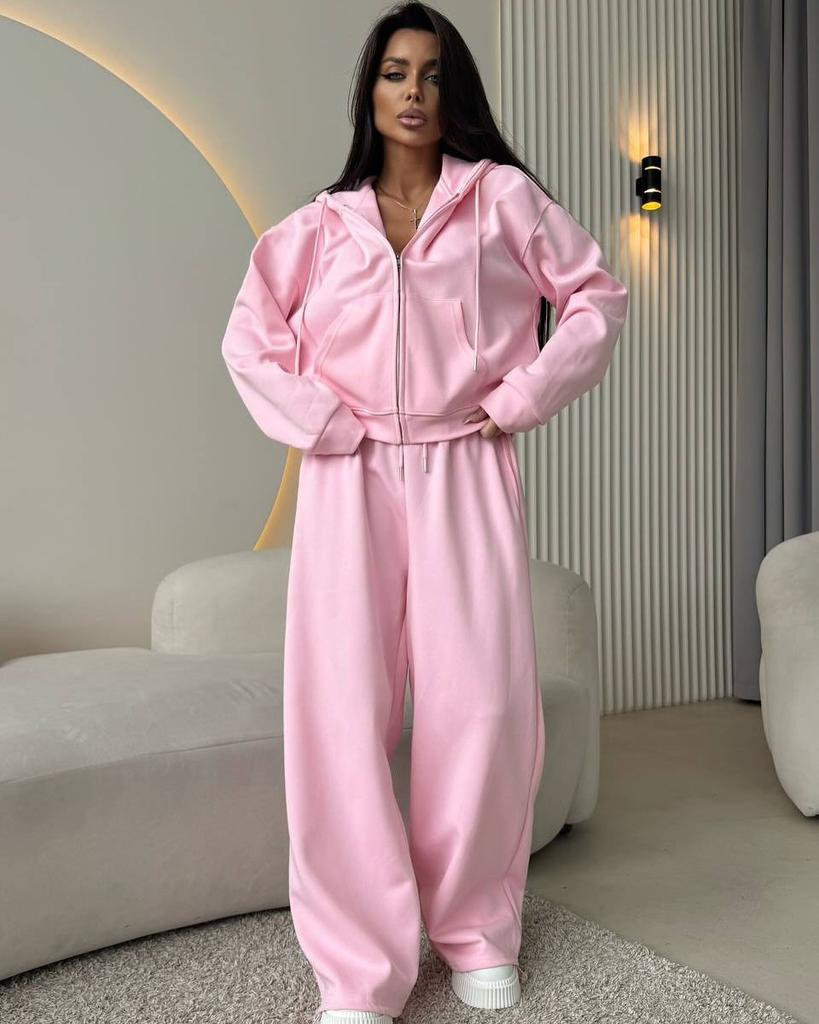 Women's Brown Hooded Zip Up Casual Sweatshirt and Wide Leg Pants Set