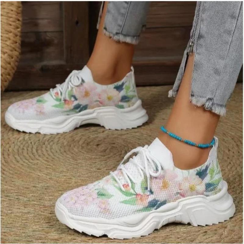Casual Flying Woven Thick Sole Sports Shoes Women'S Flat Single Large Size Mesh Breathable Lacing Casual Sneakers Shoes  M1179