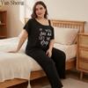 Women Pajama Set,Plus Size Off‑Shoulder Letter Print Loose Short Sleeve Long Pants Loungewear For Sleep Home Wear