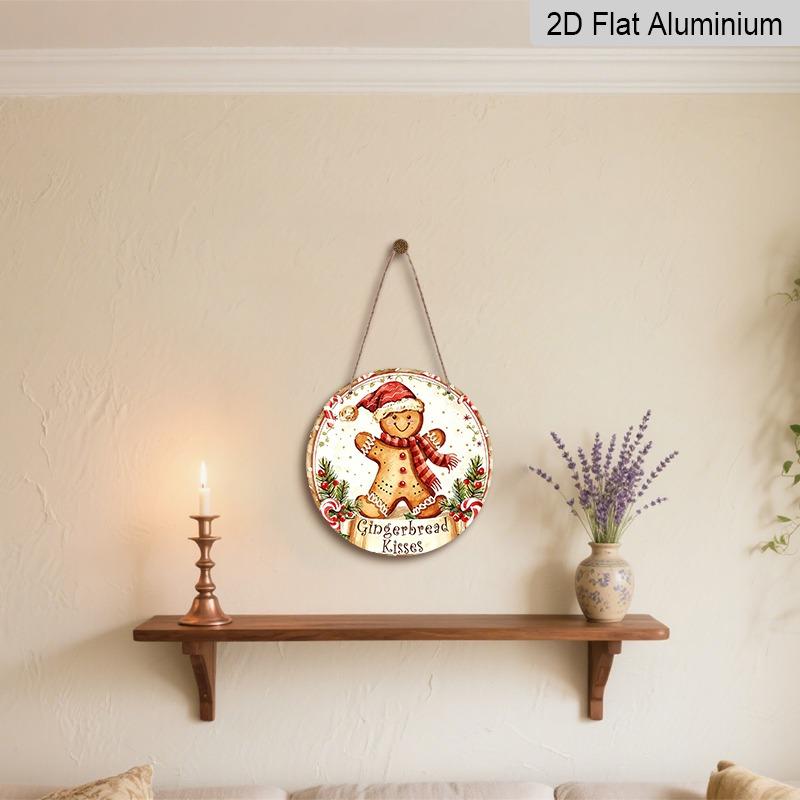 2D Flat, 1pc Decorative Plaques and Ornaments Sign, Round Distressed Aluminum Gingerbread Kisses Christmas Hanging Plaque, Candy Cane Pine Farmhouse