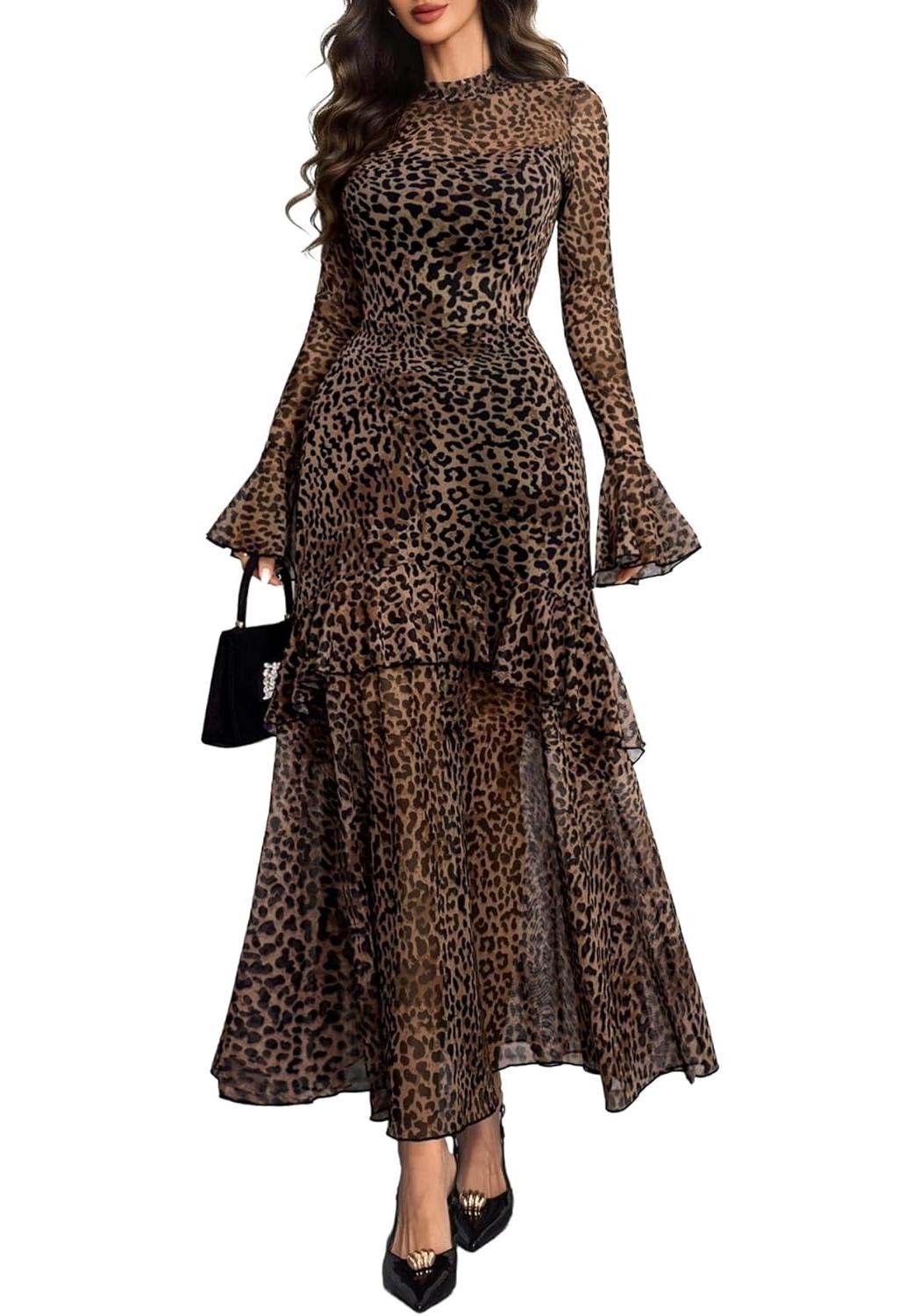 Women s Black Floral Long Sleeve Ruffle Dress – European & American Style Extra Large