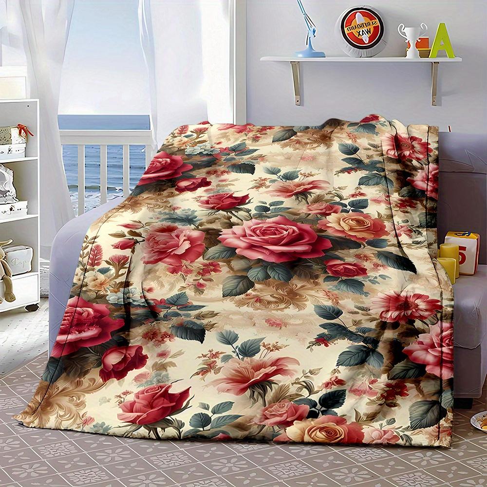 [Soft Vintage Rose Blanket] Soft and High Quality Vintage Rose Floral Pattern Flannel Throw Blanket | Digital Print, Non-Woven P