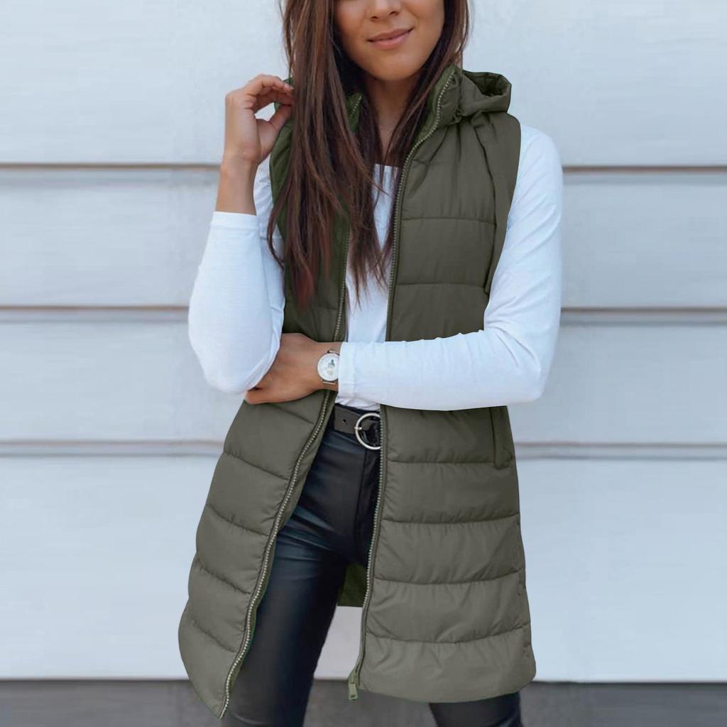 Damen Lange Weste Einfarbig Ärmellos Kapuze Winterweste Oberbekleidung Jacke Leichter Warmer Mantel Oberbekleidung