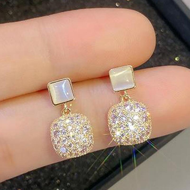 Small Opal Sterling Silver Needle Drop Earrings for Women Wedding Luxurious Dense Inlay Earrings Bride Fashion