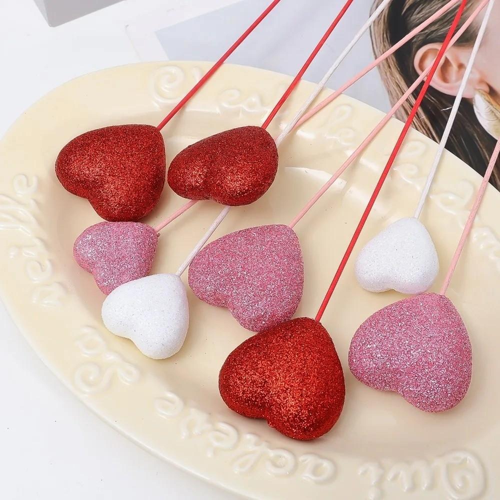 10pcs Shinny Glitter Hearts Stick DIY Foam Red Heart Branch Flower Bouquet Vase Pick Stick Valentine's Day