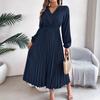 Dames Elegante Europese Stijl V-hals Kant Hoge Taille Lange Mouwen Geplooide Maxi Jurk
