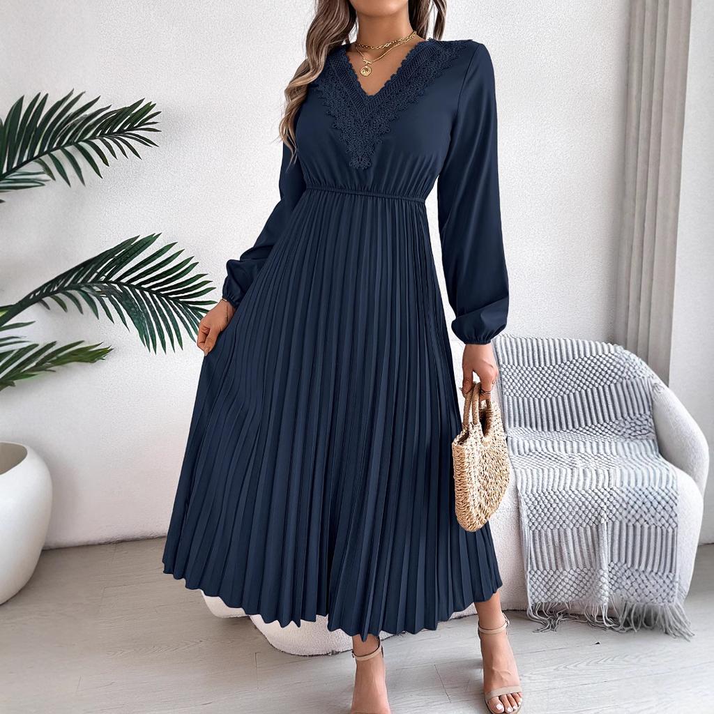 Dames Elegante Europese Stijl V-hals Kant Hoge Taille Lange Mouwen Geplooide Maxi Jurk