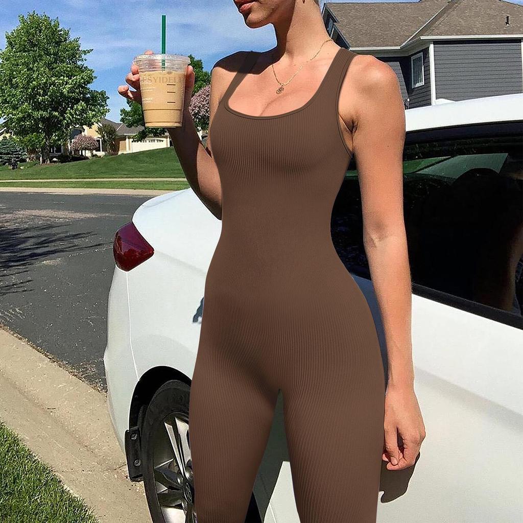 Ribbed Square Neck Sleeveless Bodysuit - Women's Solid Color Backless Slimming Sport Jumpsuit In Stock