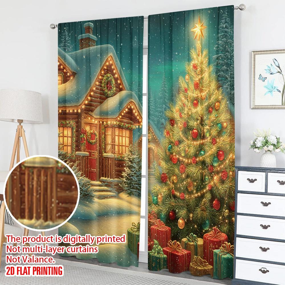 2pcs 2D flat printing Fashionable Christmas Curtains Cozy Christmas Snowing House Tree Gifts Digital Printed Polyester Drapes